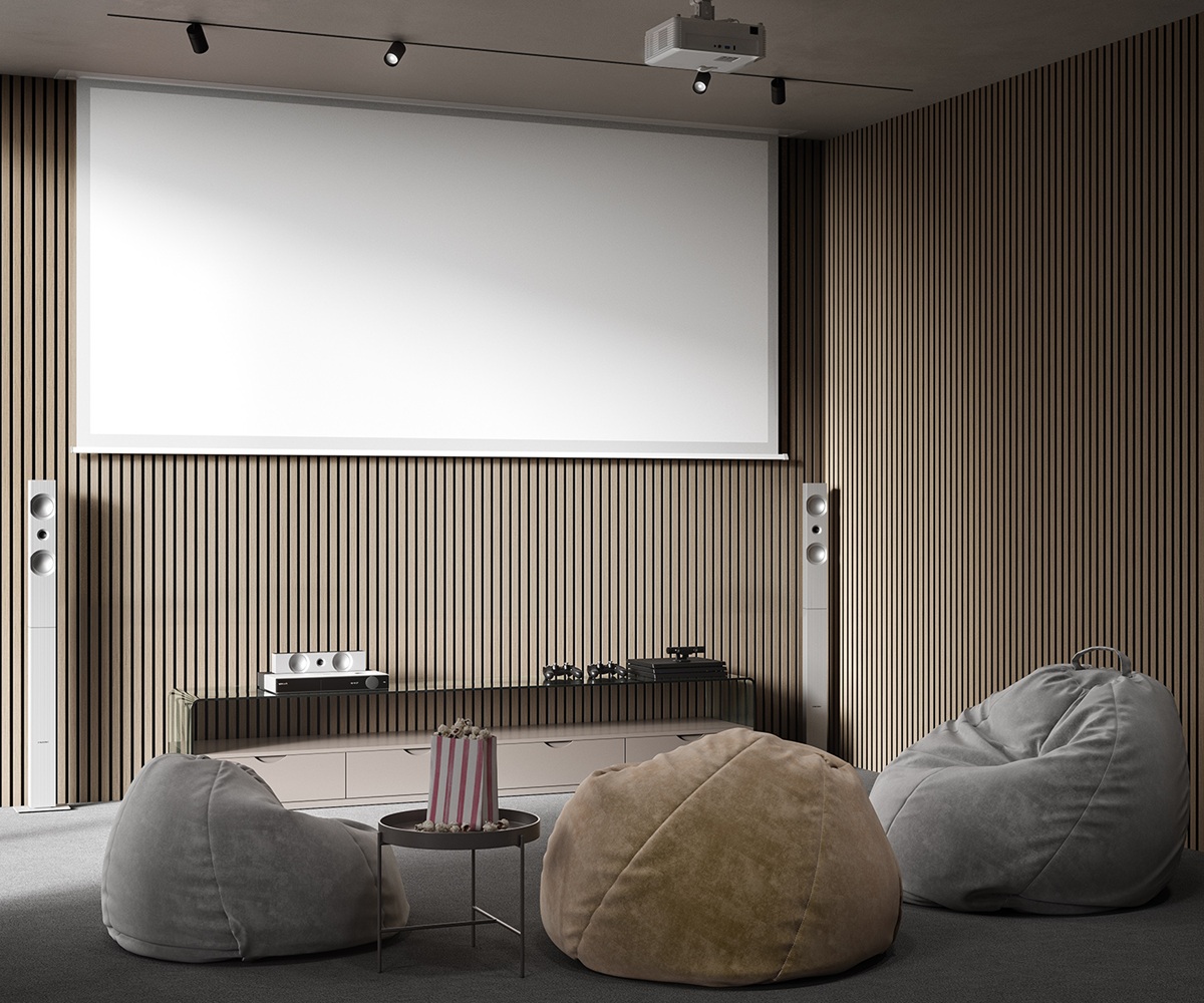 МДФ стеновая панель акустическая Cosca Decor Монако Дуб Латте Бежевый черный войлок 1200×600×21 фото в интерьере